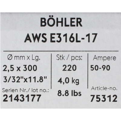 Bohler MMA elektroda spawalnicza chromowo-niklowa 316L 2.5x300 4.0kg