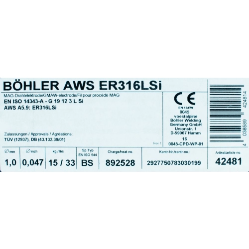 Bohler MIG drut spawalniczy 316LSi chromowo-niklowy fi.1.0 15kg