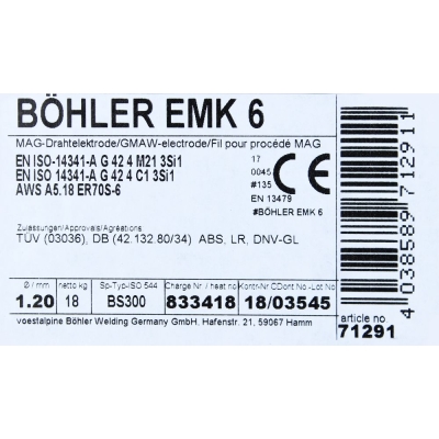 Bohler MAG drut spawalniczy EMK6 ER70S-6 G3Si1 12.50 fi.1.2 18kg