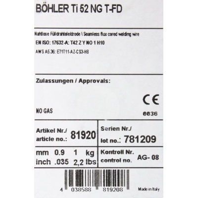 Bohler FCAW (SS) drut spawalniczy rdzeniowy samoosłonowy Ti52 NG fi.0.9 1kg