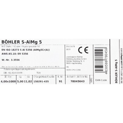 Bohler TIG drut spawalniczy pręt AlMg5 5356 aluminium 4.0x1000 1kg