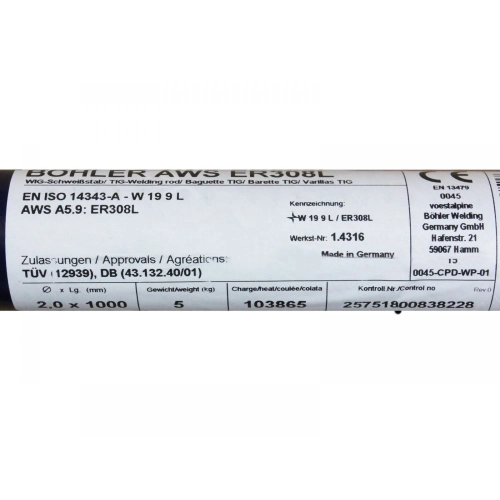 Bohler TIG drut spawalniczy pręt TIG 308L chromowo-niklowy 2.0x1000 1kg