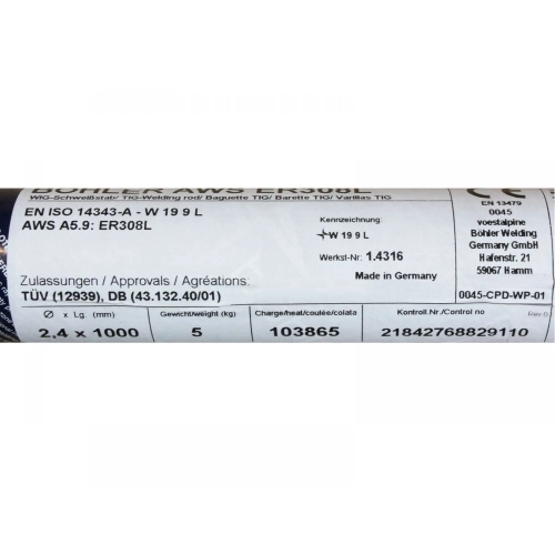 Bohler TIG drut spawalniczy pręt TIG 308L chromowo-niklowy 2.4x1000 1kg