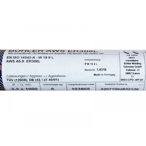 Bohler TIG drut spawalniczy pręt TIG 308L chromowo-niklowy 3.2x1000 1kg