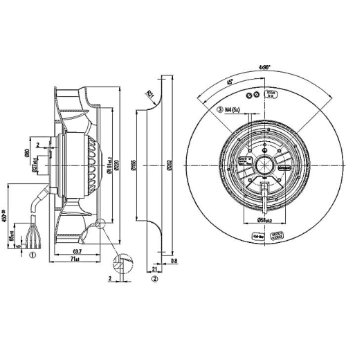 Wymiary wentylatora EBM R2 E220 do OrigoMig 510w (0369827001)